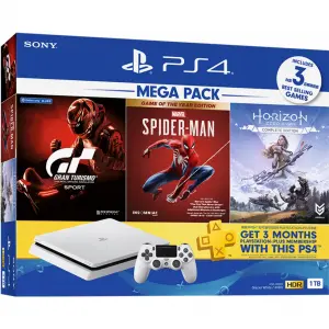 PlayStation 4 1TB HDD Mega Pack White Console (Gran Turismo Sport / Marvel’s Spider-Man Game of the Year Edition / Horizon Zero Dawn)